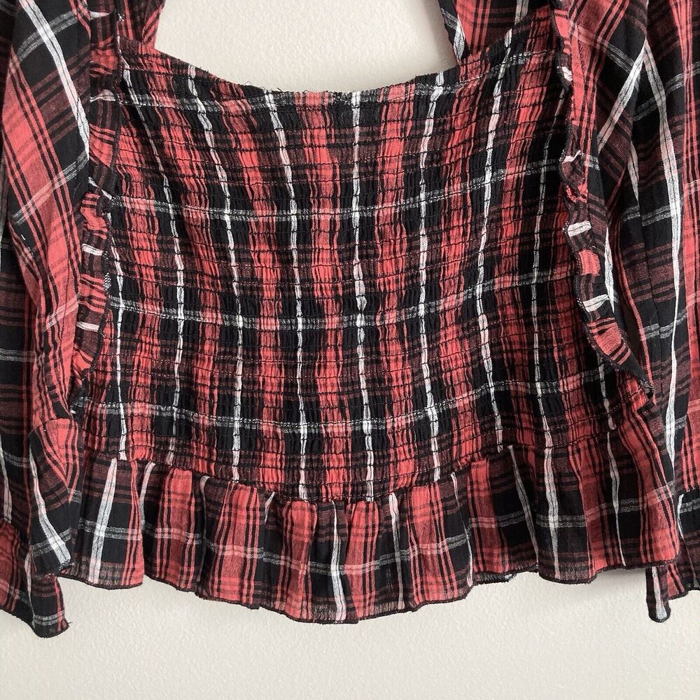 Free People Nicole Smocked Plaid Top Red Black Cropped Open Back Size Medium - Picture 4 of 11